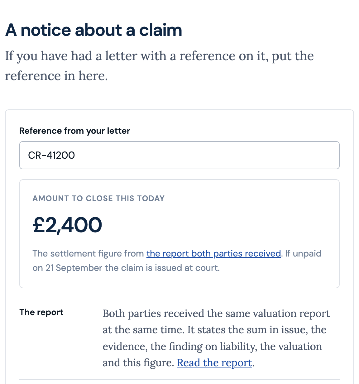The notice page for a trader: the reference from the letter, the amount to close the claim today, and the one dated rule that the claim is issued at court if unpaid on the date given.